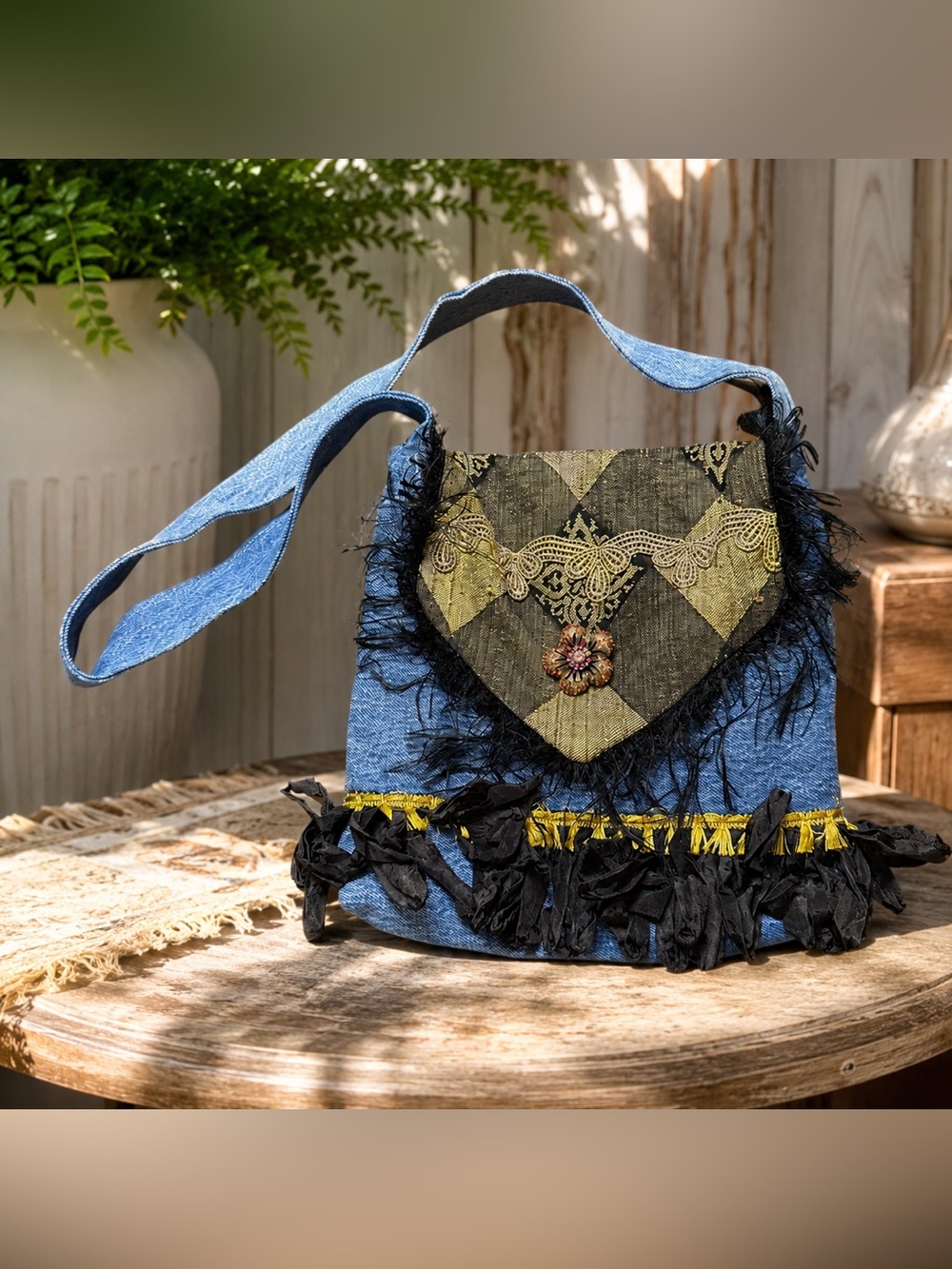 ✨ OOAK Handmade Denim Crossbody Bag | Boho Wearable Art ✨